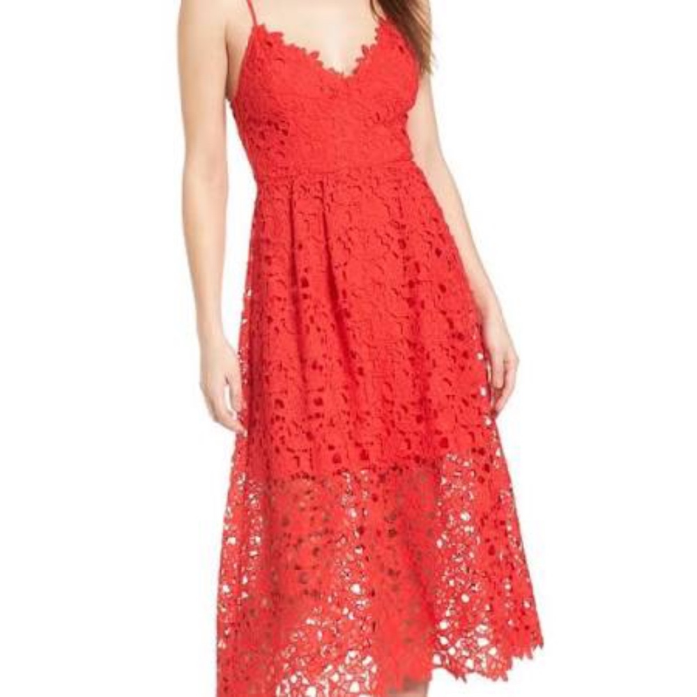 Astr the Label Red Lace Midi Dress